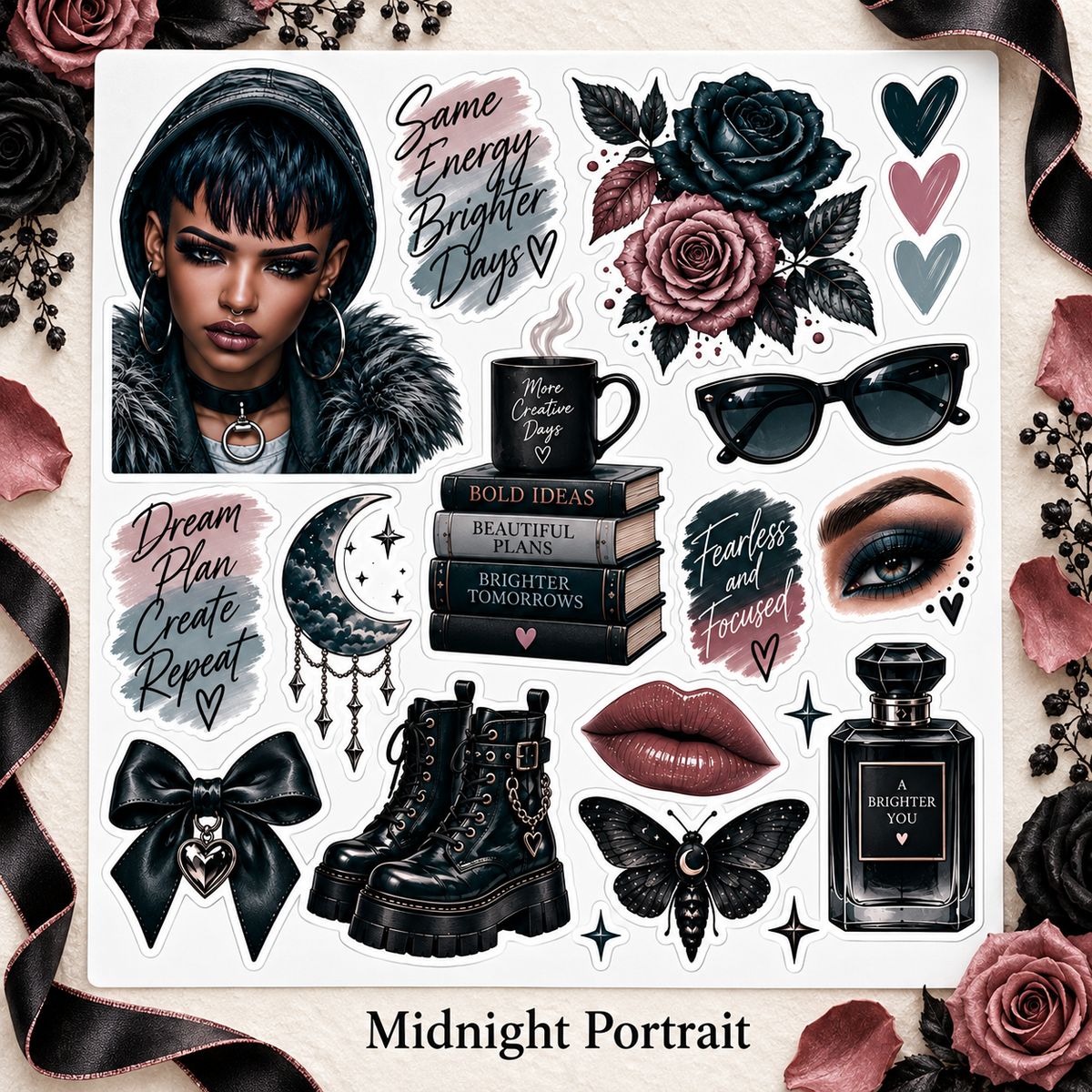 Midnight Steel – Journal Doll & Gothic Sticker Sheets — PORTRAIT luxury lifestyle sticker sheet mockup