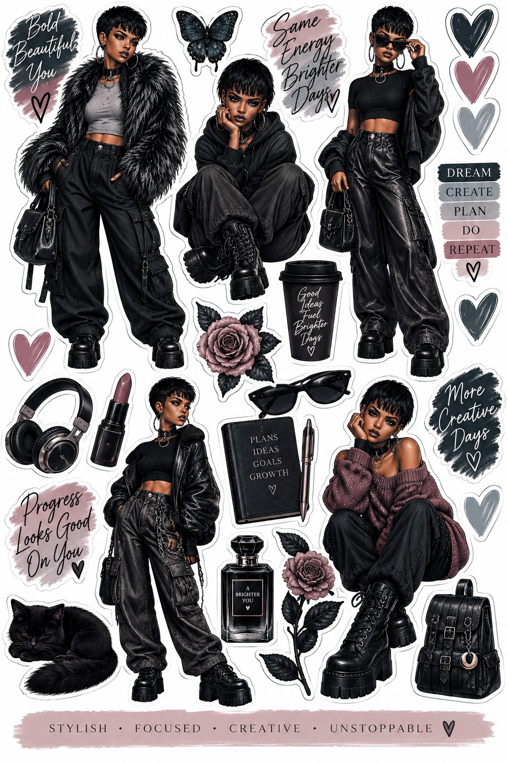 Midnight Steel – Journal Doll & Gothic Sticker Sheets — Midnight Style printed sticker sheet