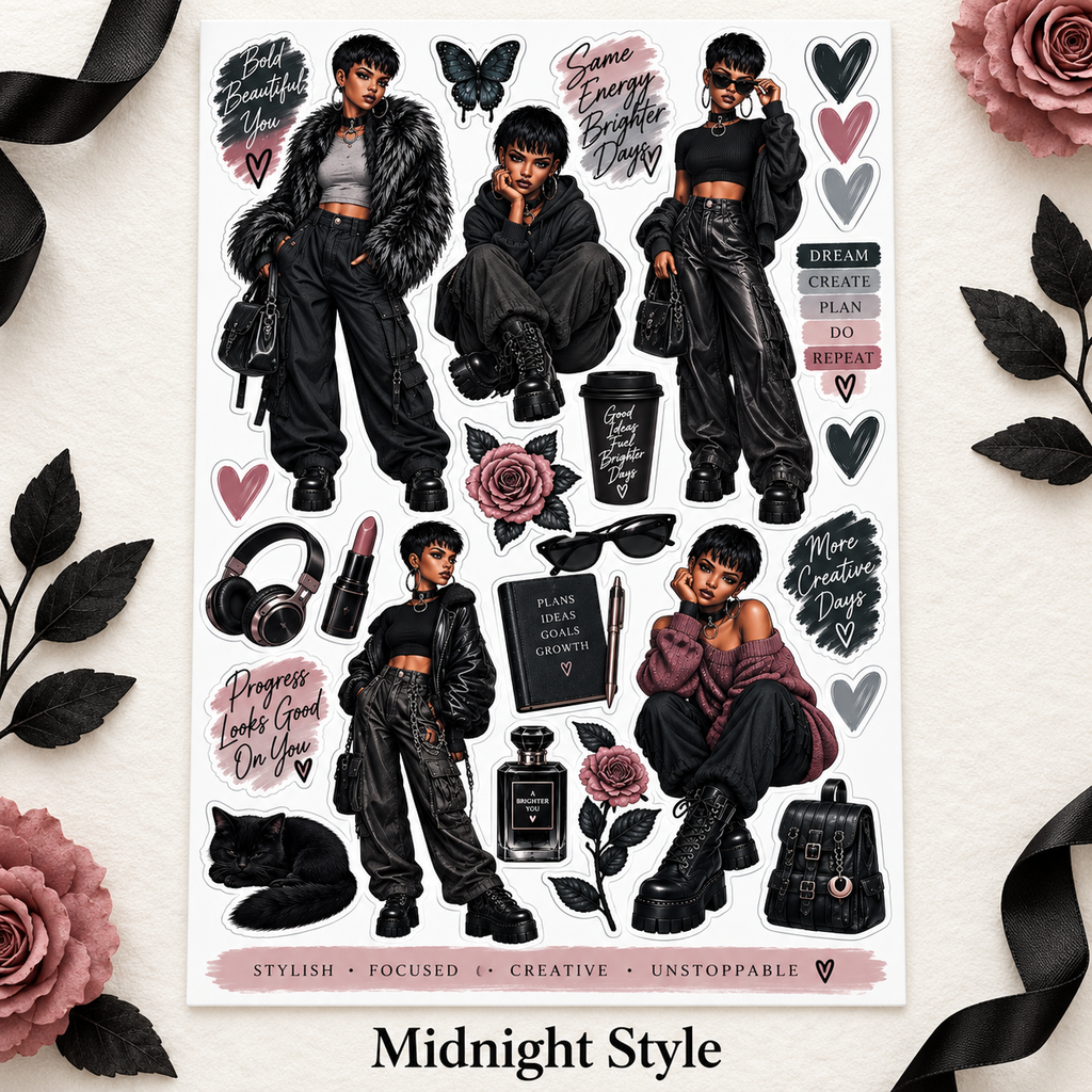 Midnight Steel – Journal Doll & Gothic Sticker Sheets — STYLE luxury lifestyle sticker sheet mockup
