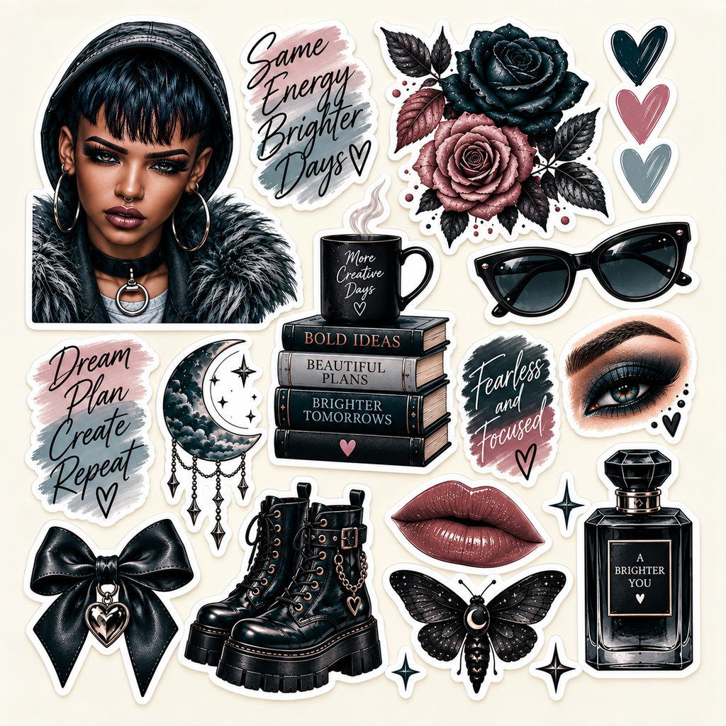 Midnight Steel – Journal Doll & Gothic Sticker Sheets — closeup luxury lifestyle sticker sheet mockup