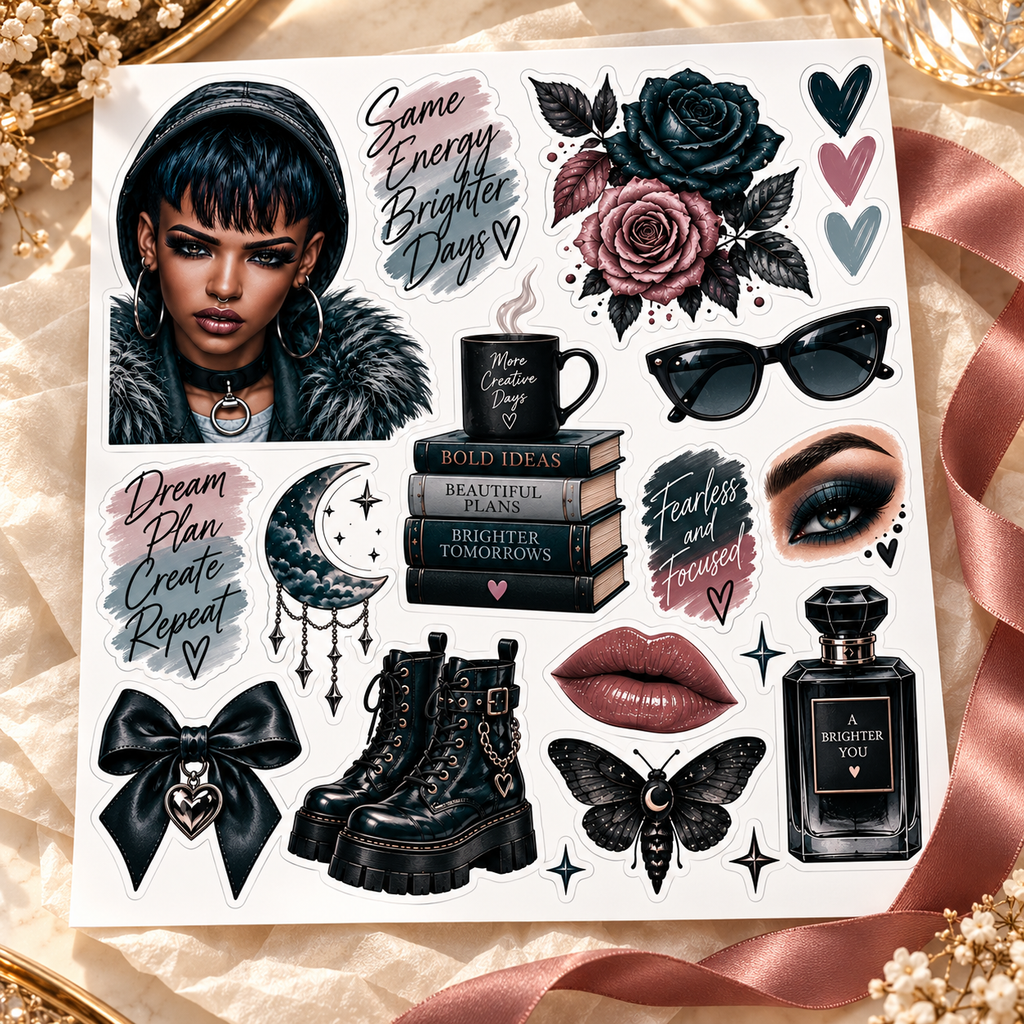 Midnight Steel – Journal Doll & Gothic Sticker Sheets — gift luxury lifestyle sticker sheet mockup