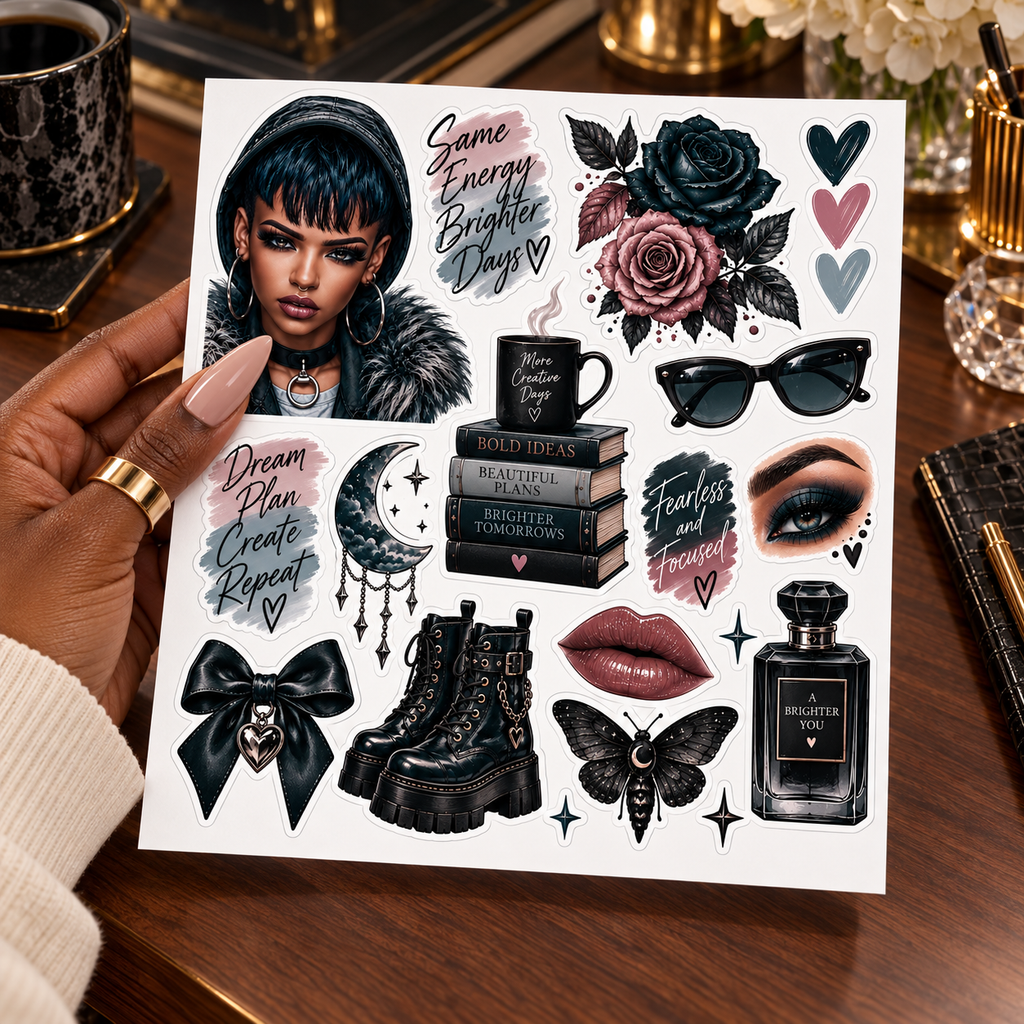 Midnight Steel – Journal Doll & Gothic Sticker Sheets — hand luxury lifestyle sticker sheet mockup