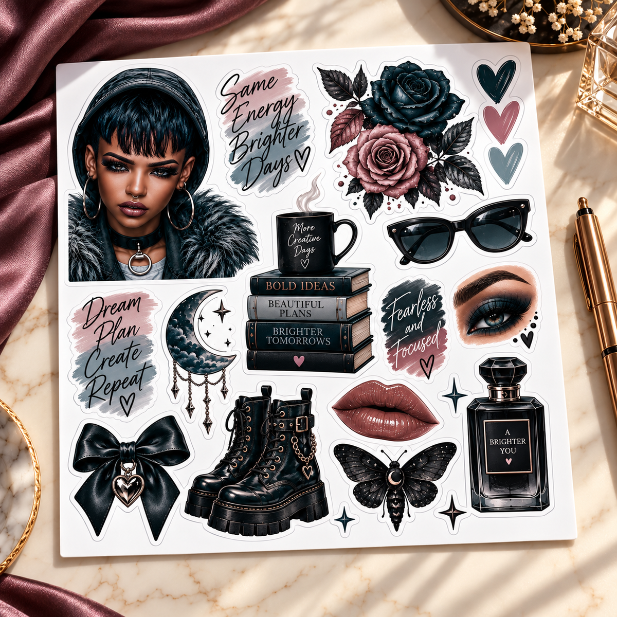 Midnight Steel – Journal Doll & Gothic Sticker Sheets — hero luxury lifestyle sticker sheet mockup
