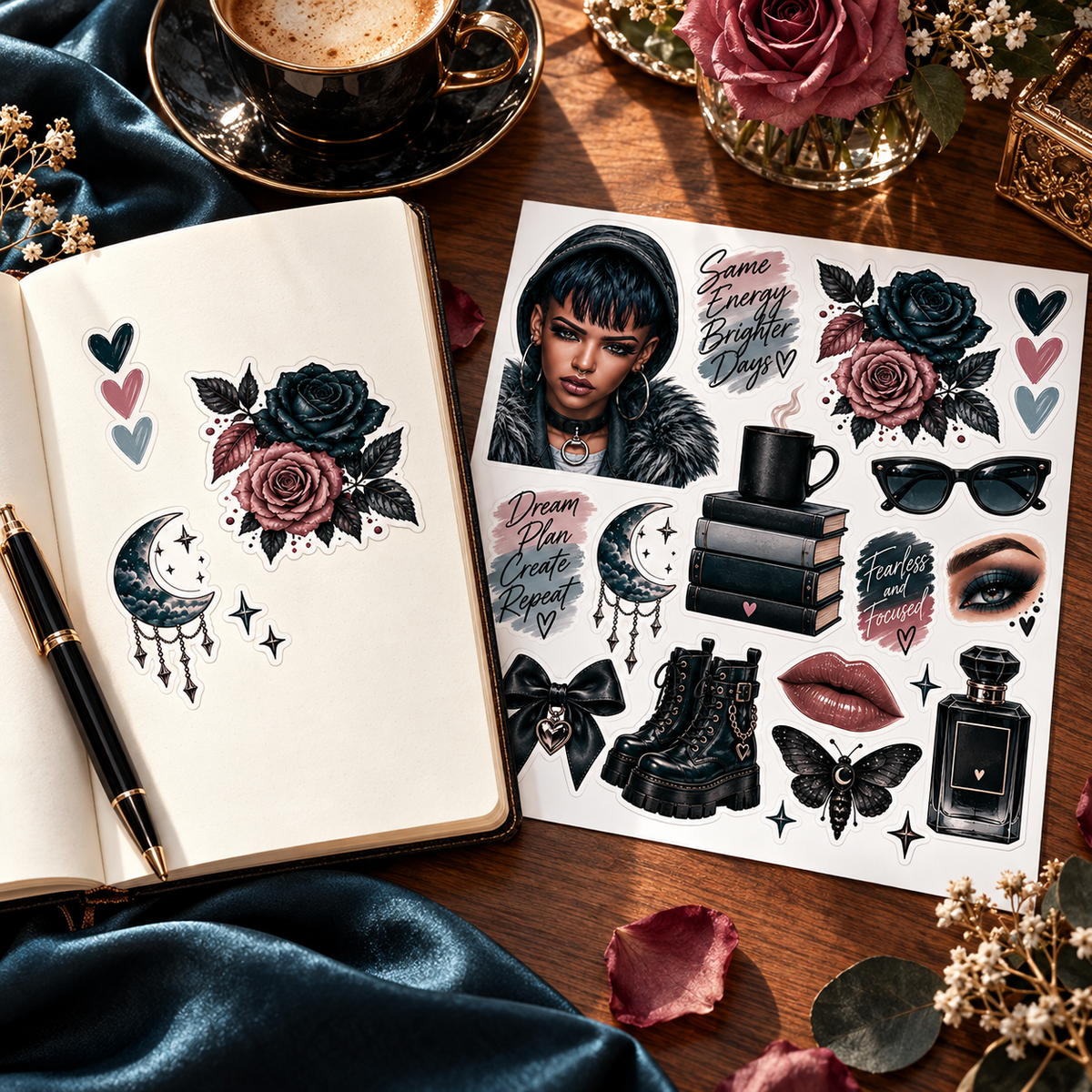 Midnight Steel – Journal Doll & Gothic Sticker Sheets — journal luxury lifestyle sticker sheet mockup