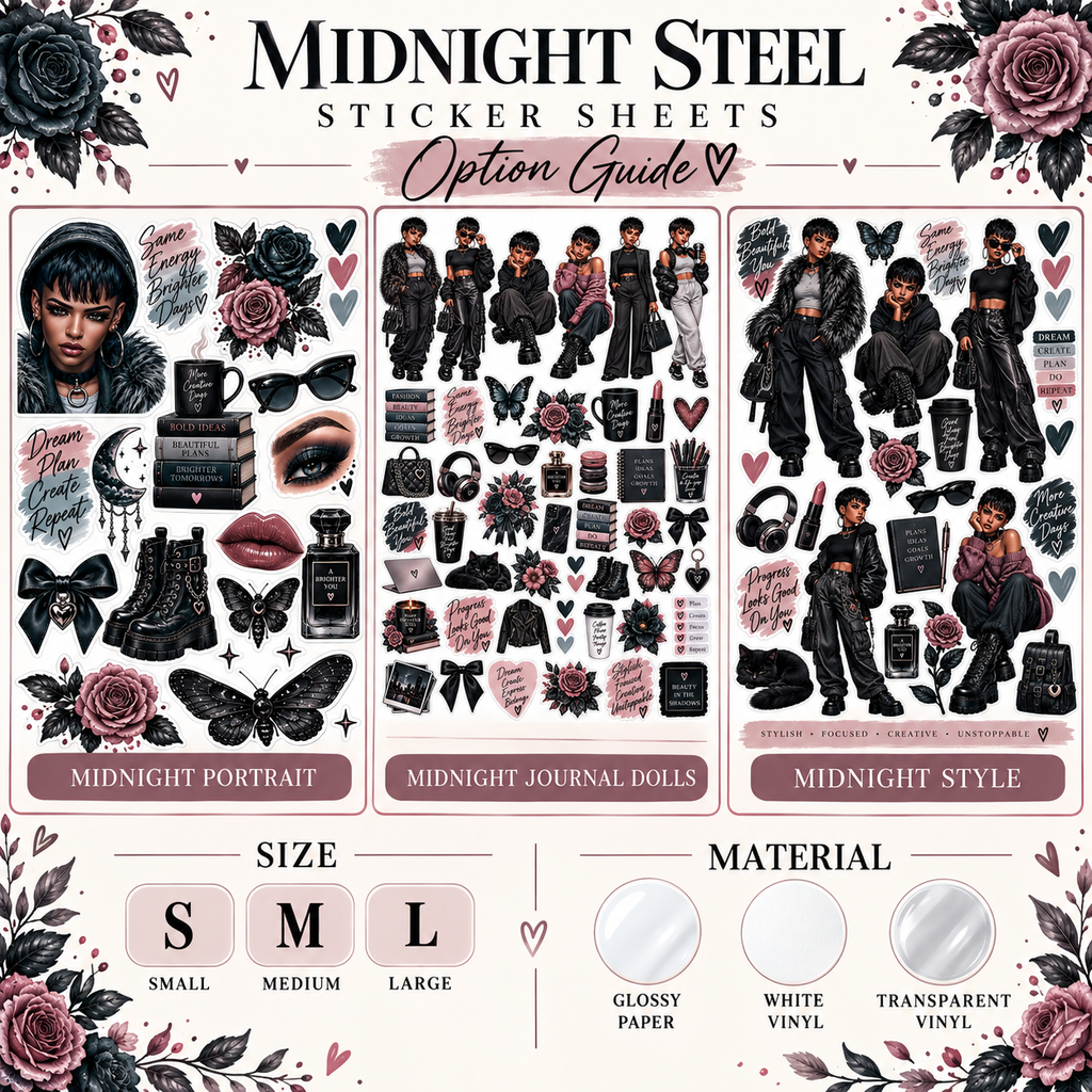 Midnight Steel three matching sticker designs with size and material options