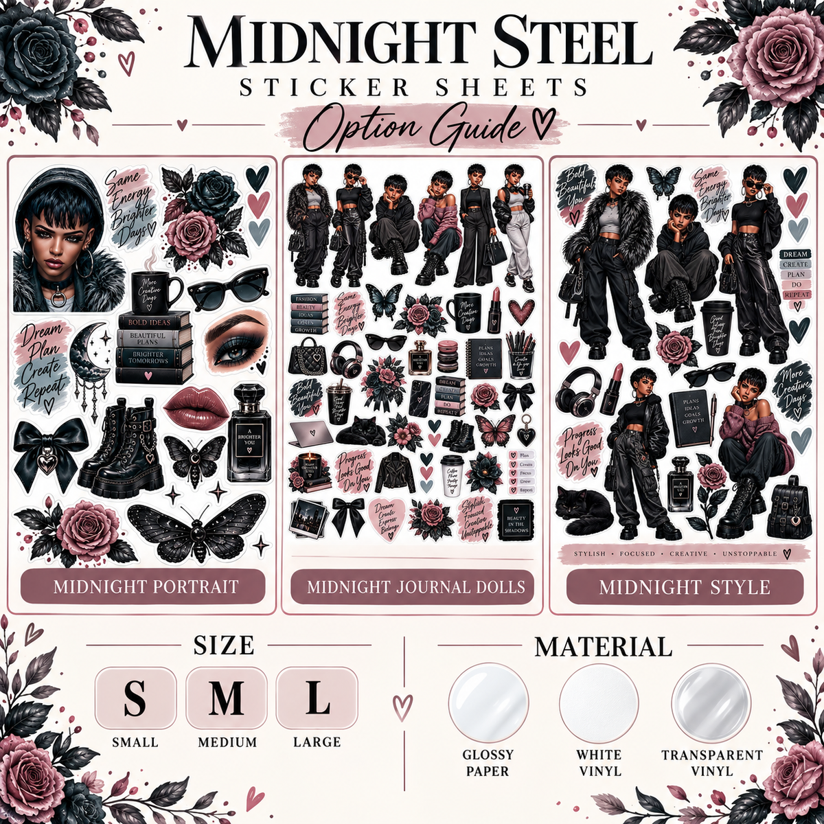 Midnight Steel three matching sticker designs with size and material options