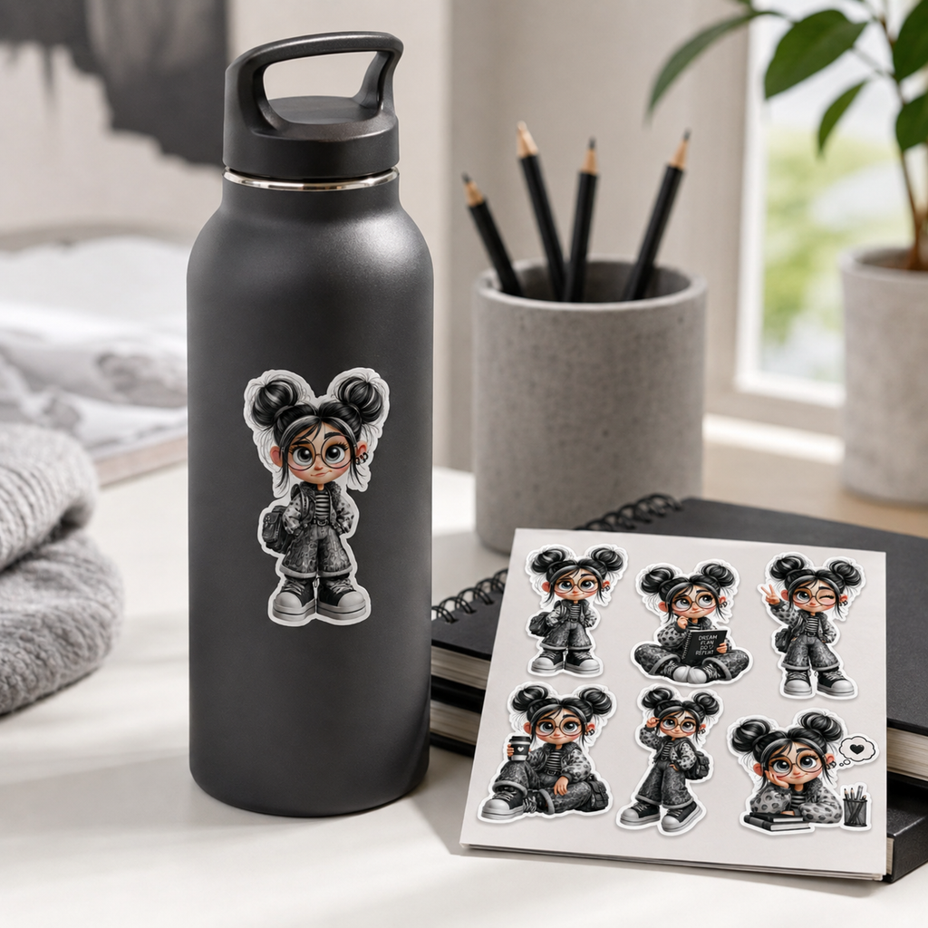 Monochrome kawaii planner girl sticker applied to a matte black reusable bottle beside the sticker sheet