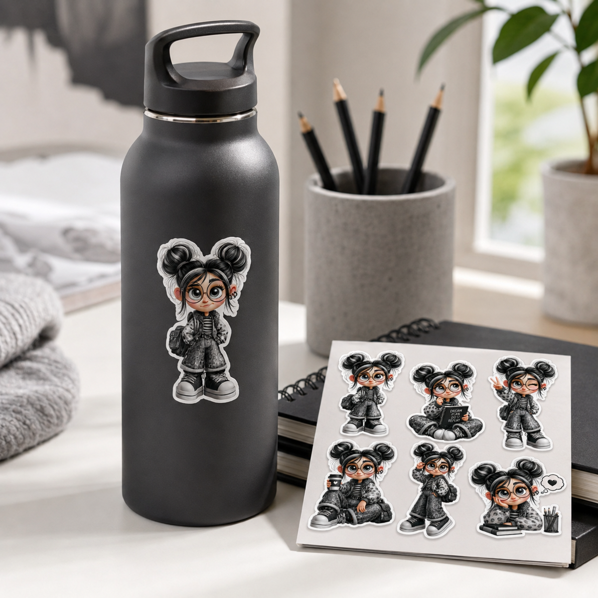 Monochrome kawaii planner girl sticker applied to a matte black reusable bottle beside the sticker sheet