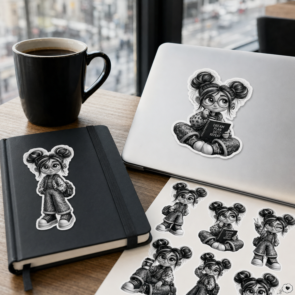 Monochrome kawaii planner girl stickers decorating a laptop and black notebook in a cafe
