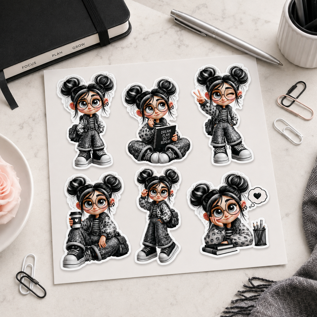 Monochrome kawaii planner girl sticker sheet styled on a black white and grey creative desk