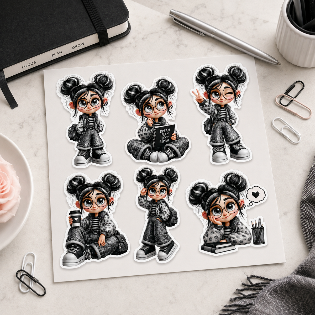 Monochrome kawaii planner girl sticker sheet styled on a black white and grey creative desk
