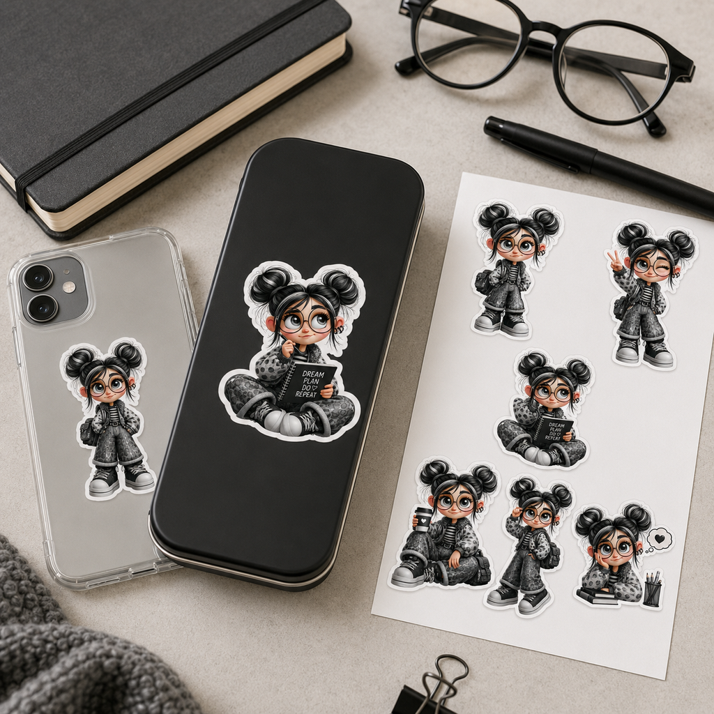 Monochrome kawaii planner girl stickers decorating a clear phone case and black pencil tin