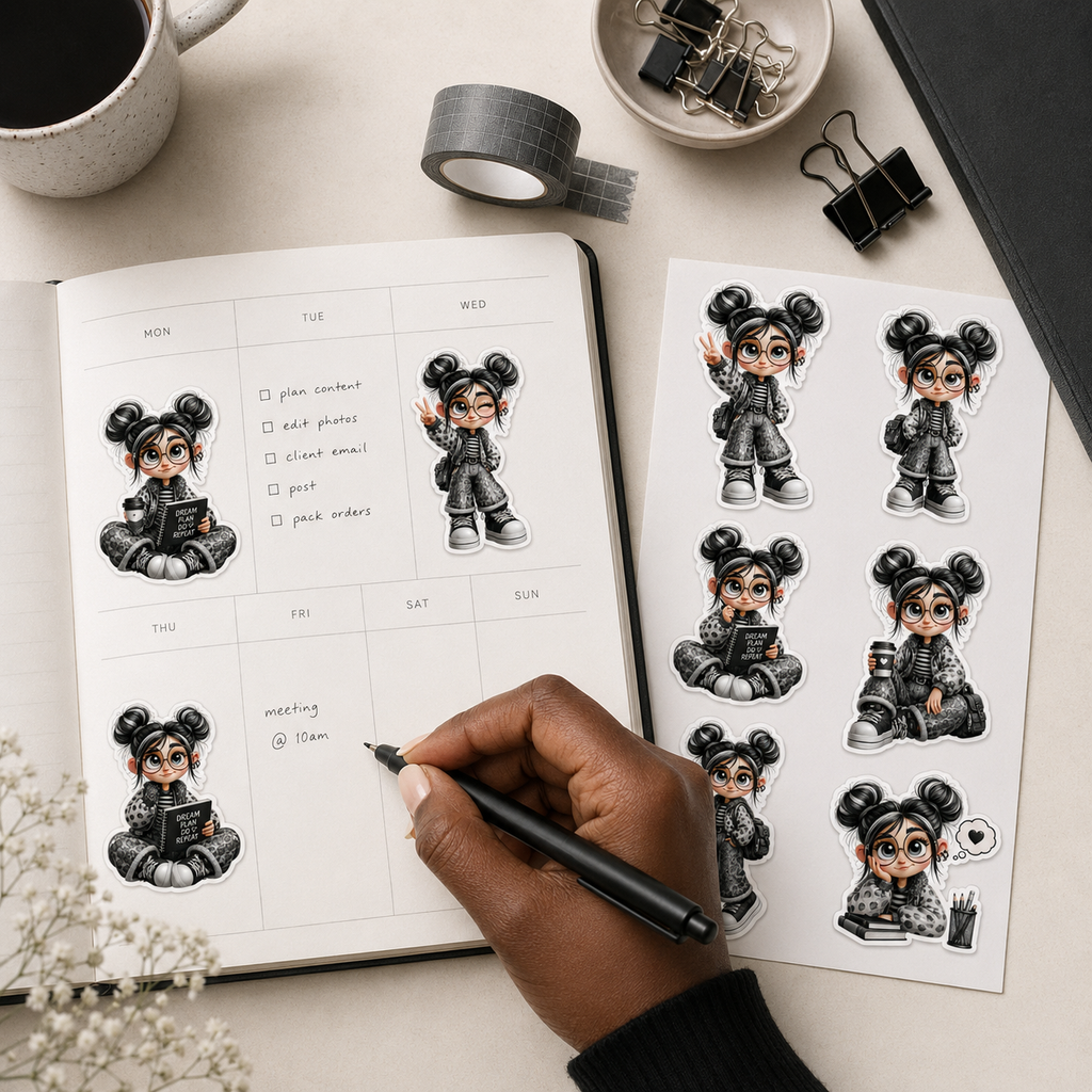 Black hand writing in an open planner decorated with monochrome kawaii planner girl stickers