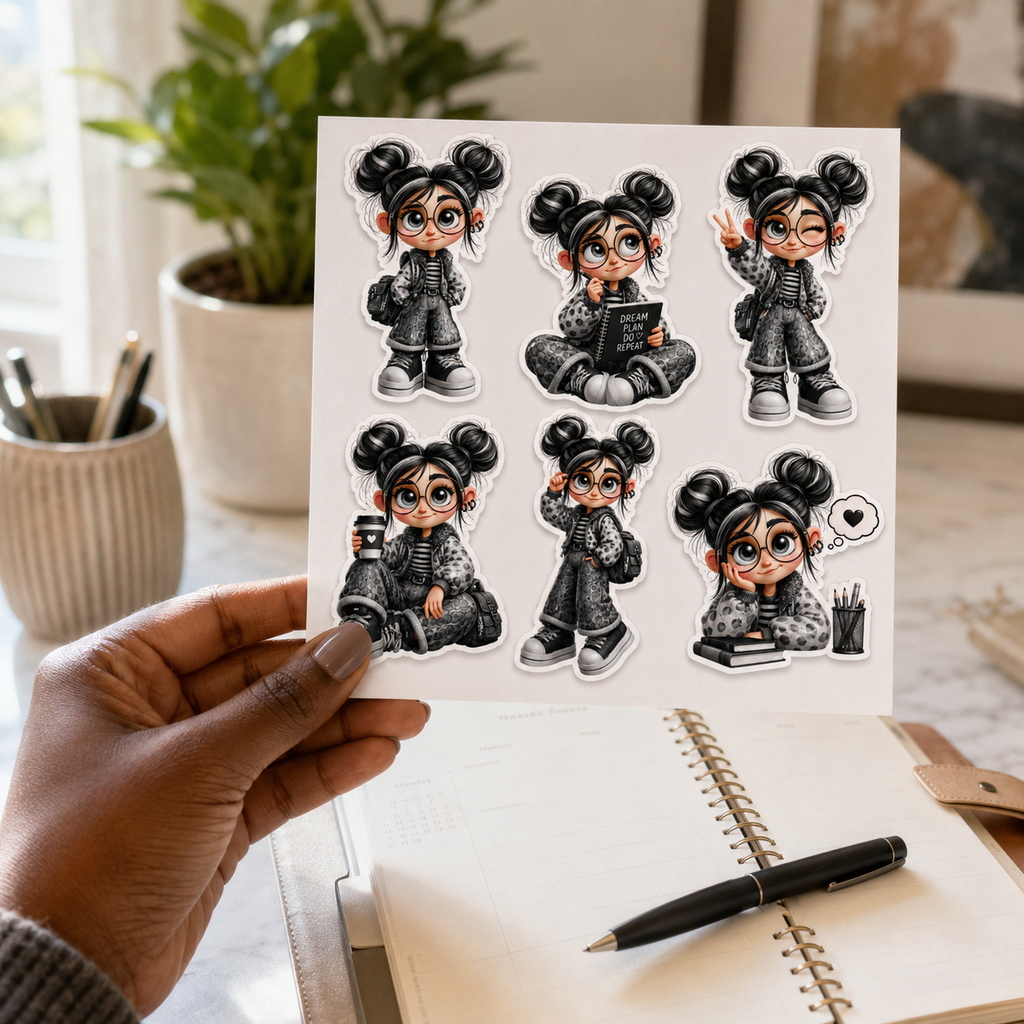 Black hand holding a monochrome kawaii planner girl sticker sheet above an open planner