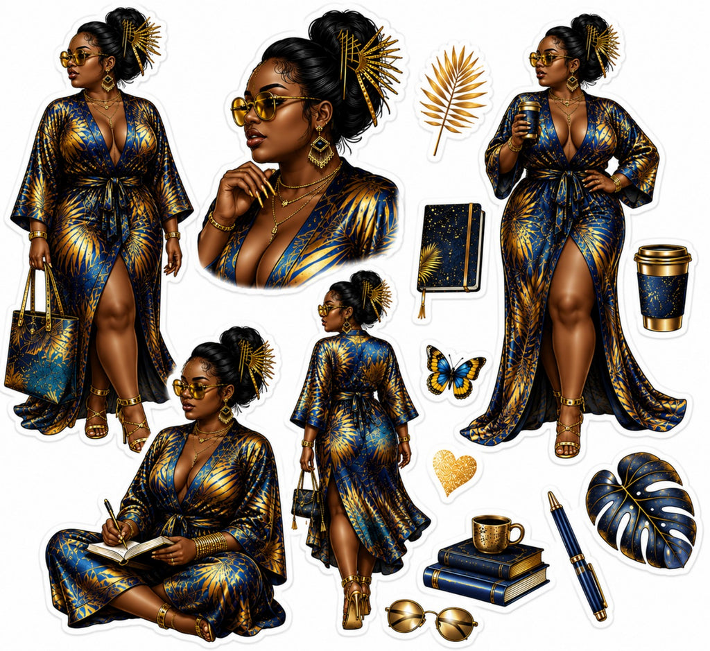 Navy and Gold Curvy Elegance Black woman sticker sheet