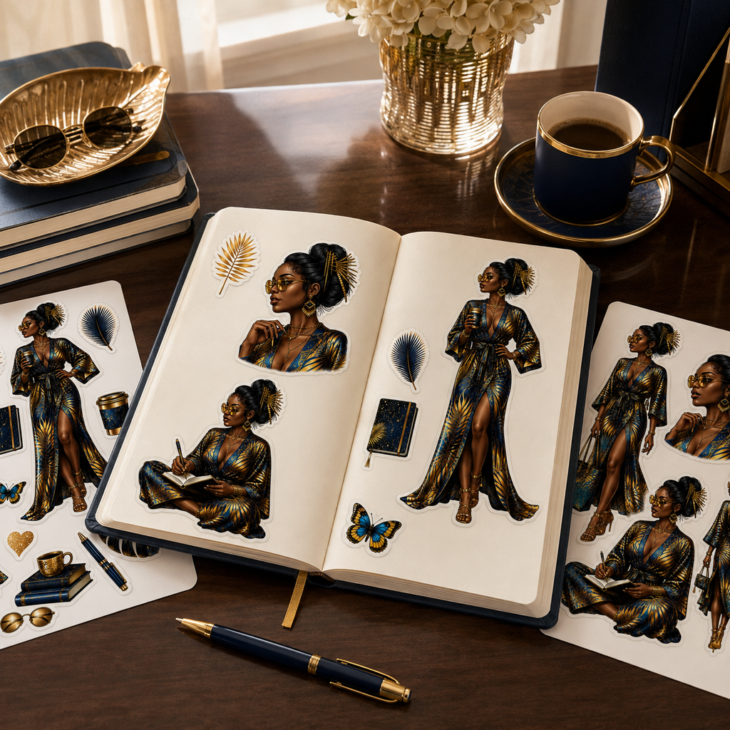 Navy and gold woman stickers used in an elegant journal