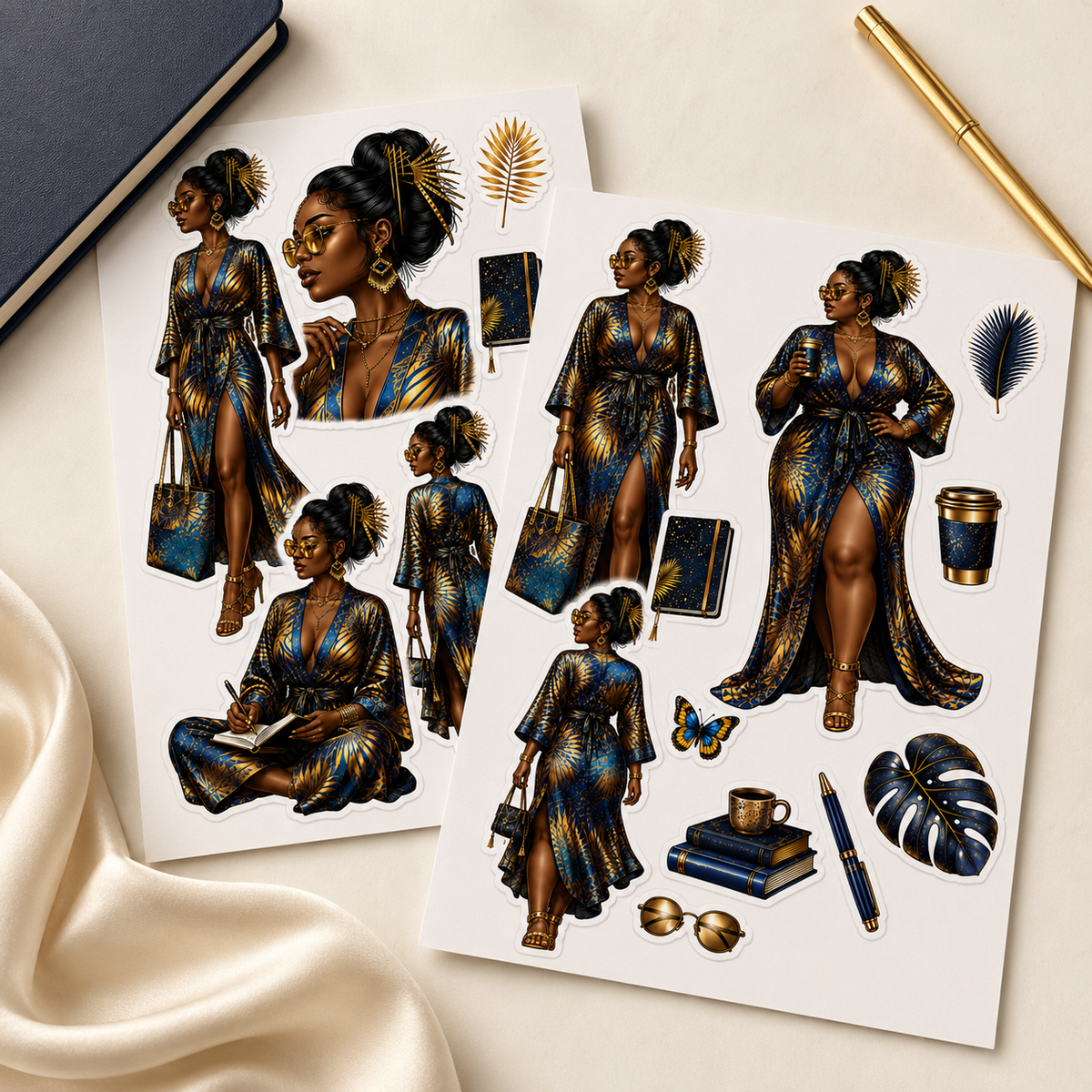 Navy and gold elegant Black woman journal sticker sheets hero