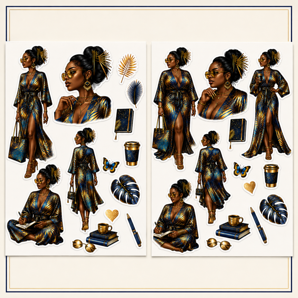 Slim Elegance and Curvy Elegance navy gold sticker designs