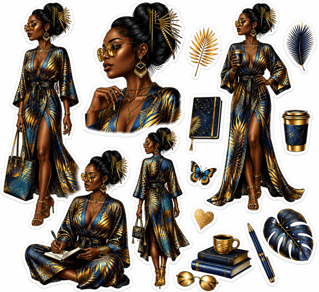 Navy and Gold Slim Elegance Black woman sticker sheet