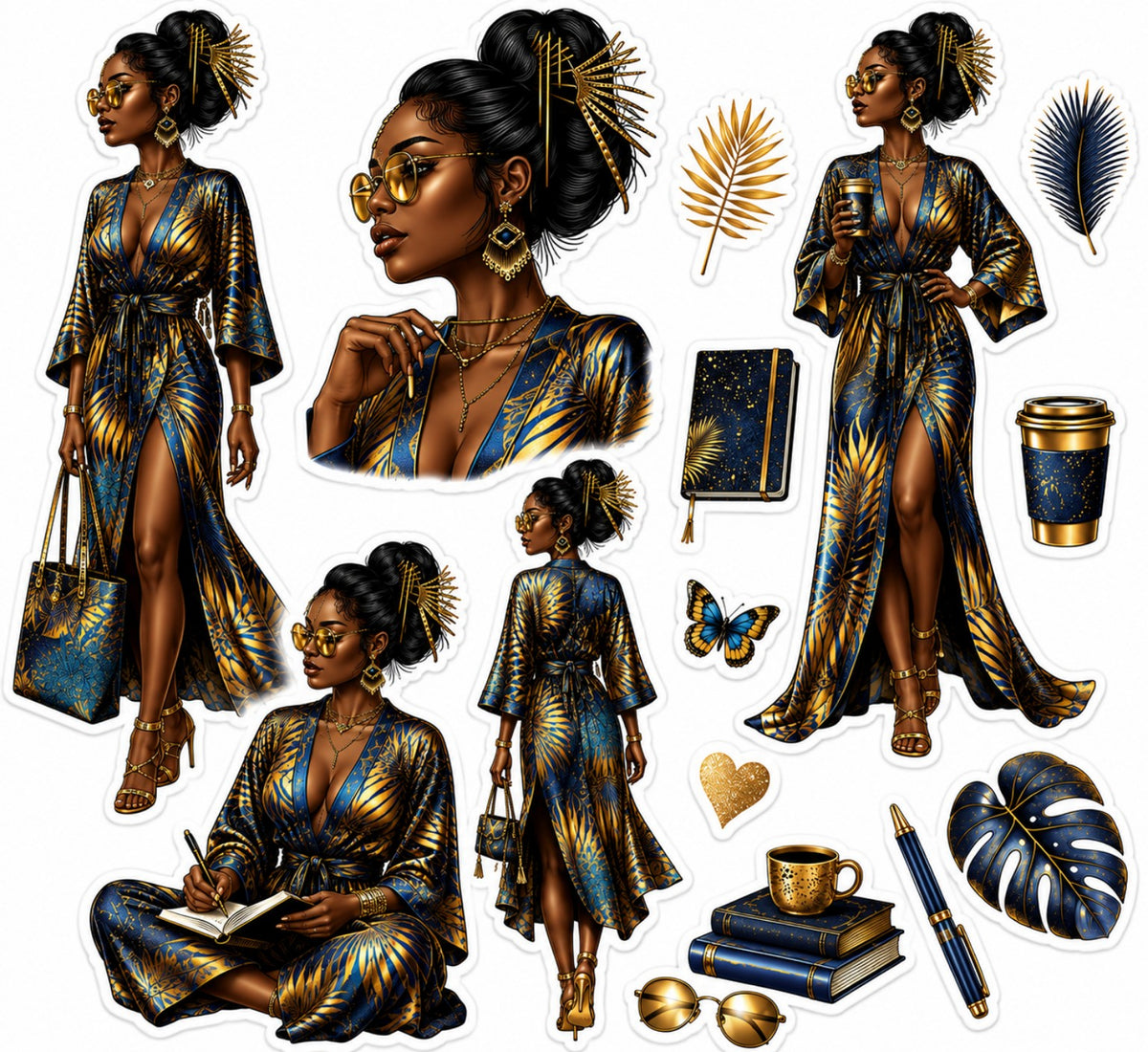Navy and Gold Slim Elegance Black woman sticker sheet