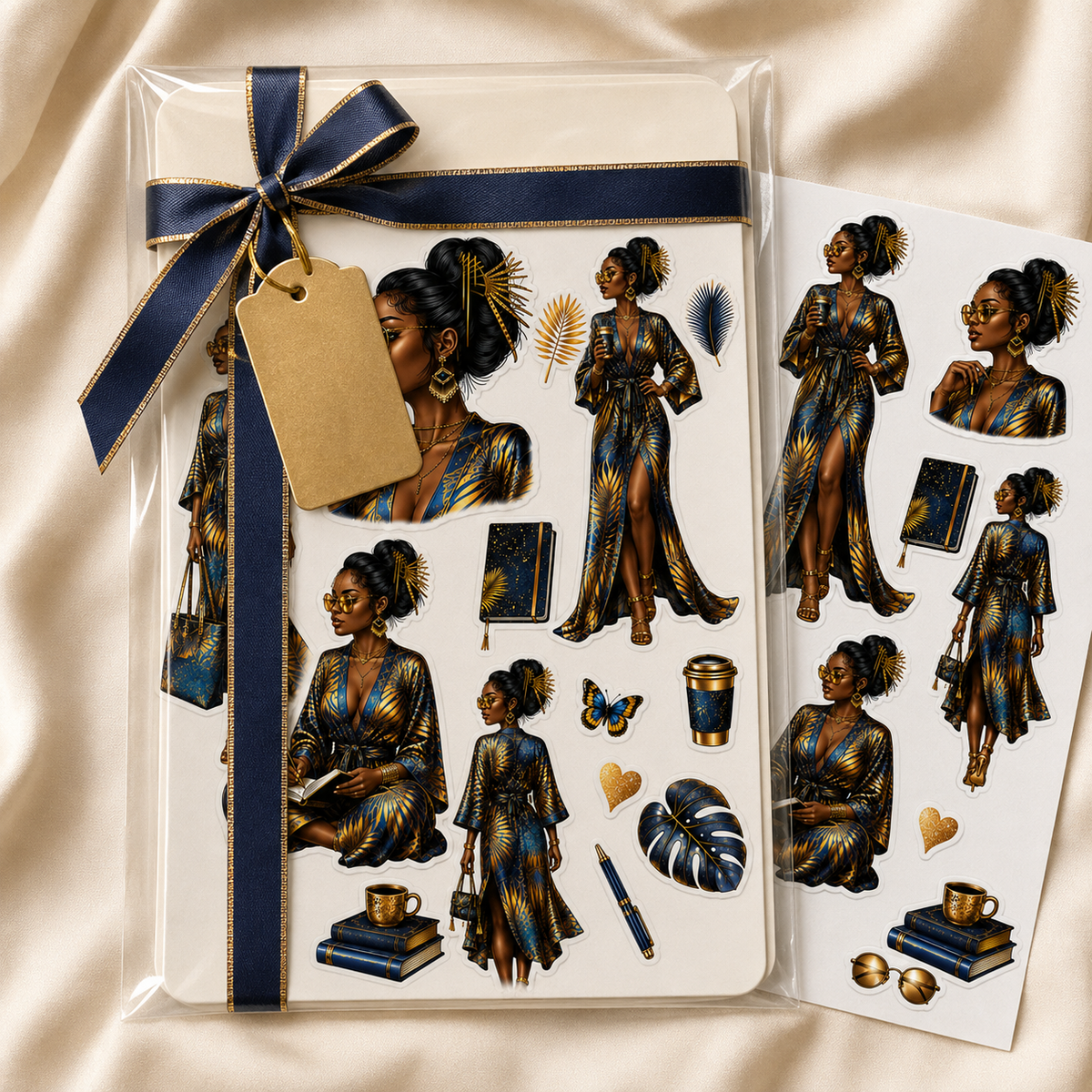 Gift ready navy and gold elegant woman sticker sheets