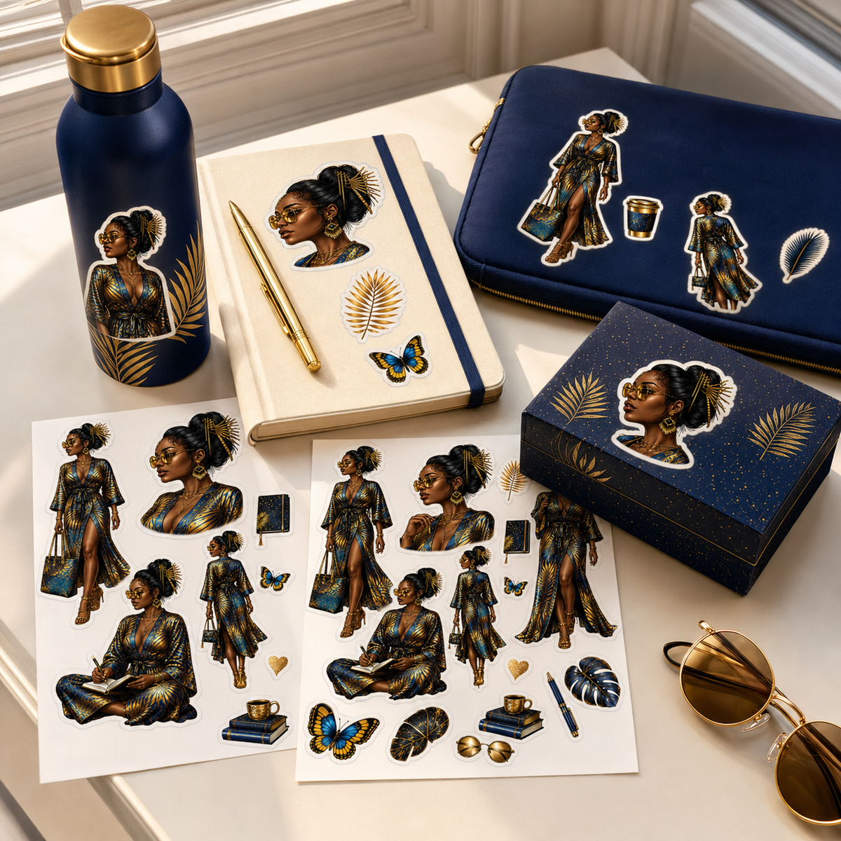 Navy and gold stickers decorating journal bottle and stationery