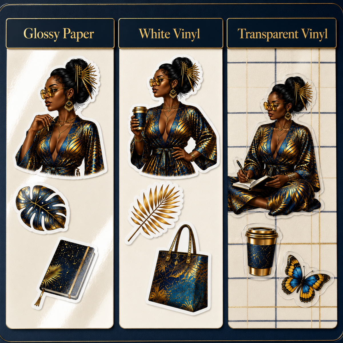 Navy gold stickers in Glossy Paper White Vinyl and Transparent Vinyl