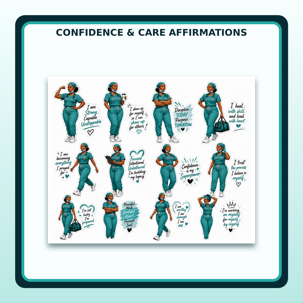 Close-up of Nurse Power teal affirmation sticker sheet