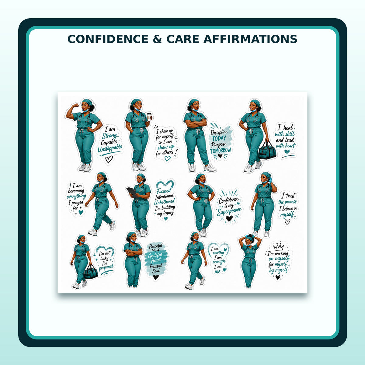 Close-up of Nurse Power teal affirmation sticker sheet