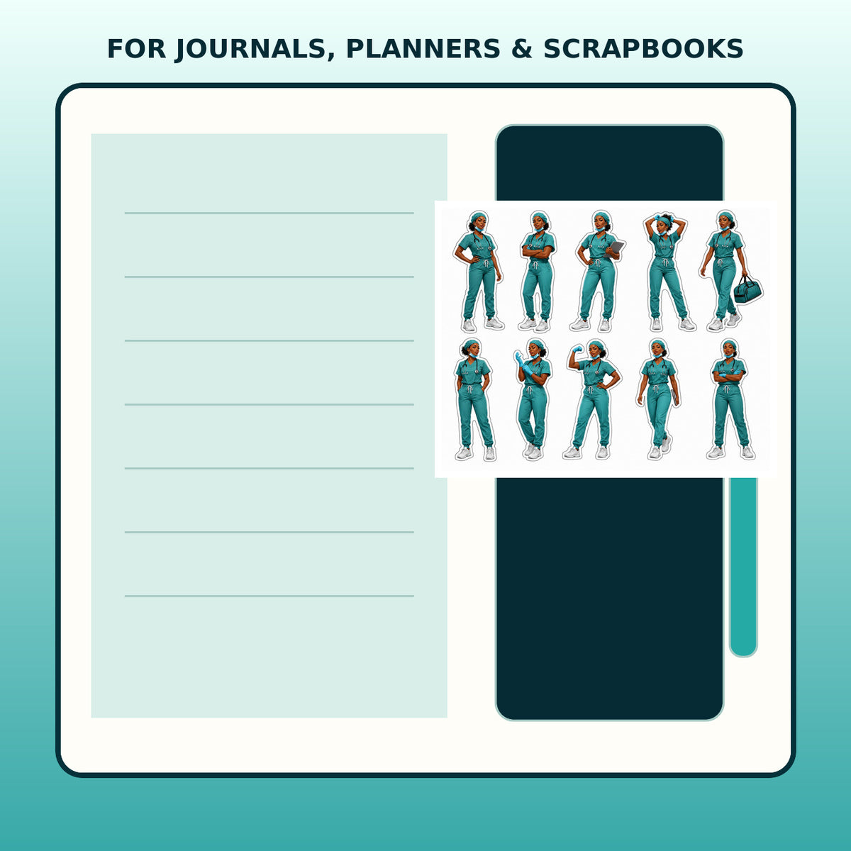 Nurse character sticker sheet shown beside a journal and stationery