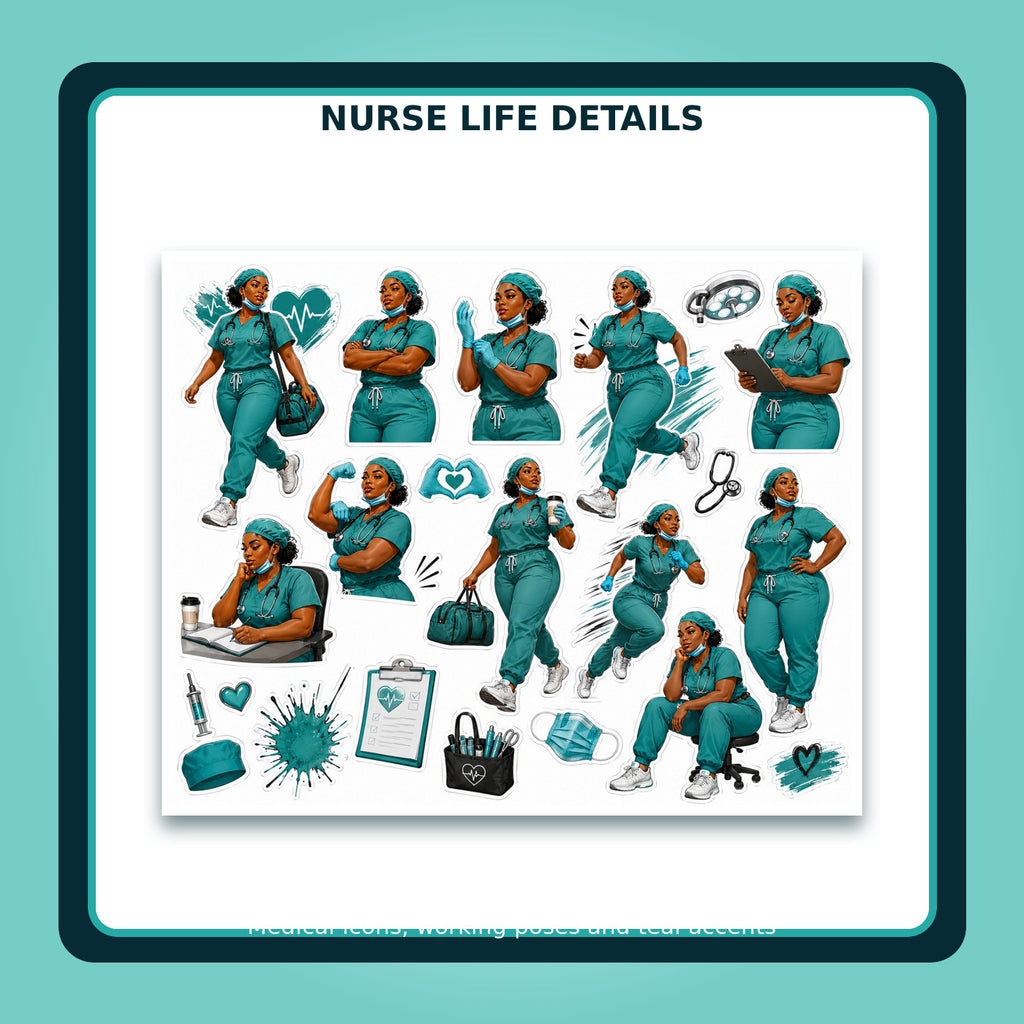 Nurse sticker sheet with healthcare poses and medical accessories