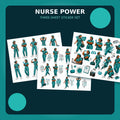 Nurse Power teal three-sheet sticker set featuring Black women healthcare professionals