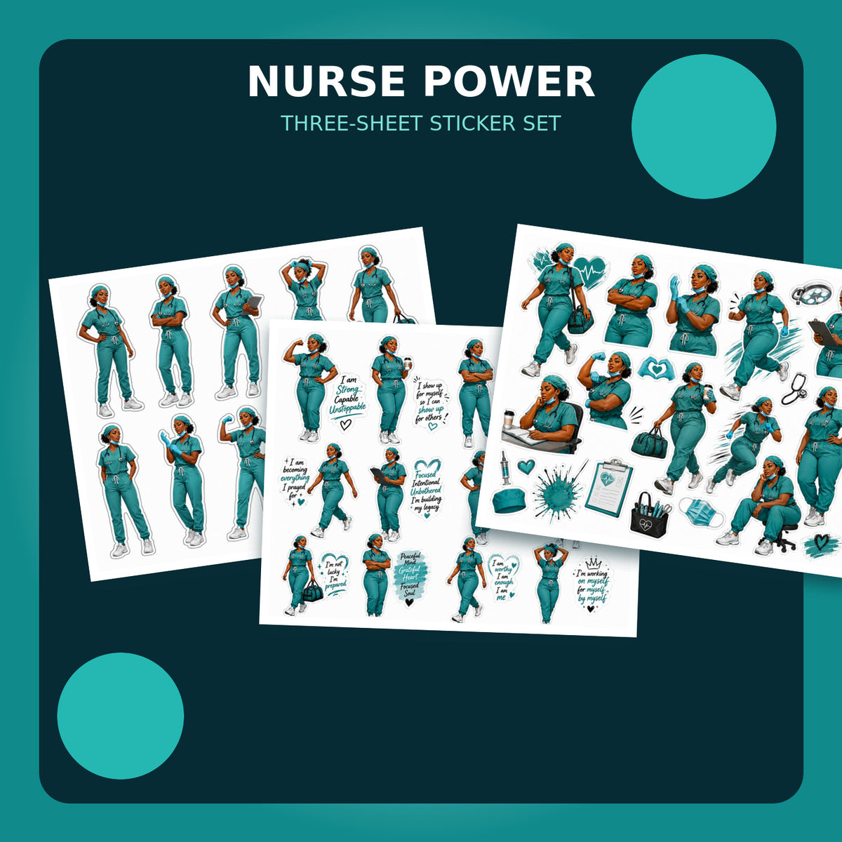 Nurse Power teal three-sheet sticker set featuring Black women healthcare professionals