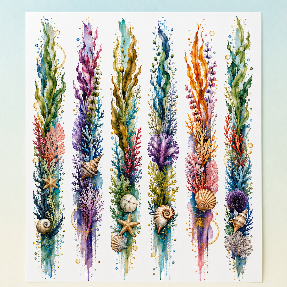 Ocean coral watercolour border sticker sheet close-up