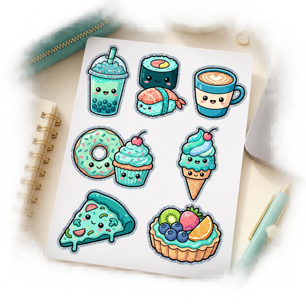 Dessert Party sticker sheet on a stationery desk