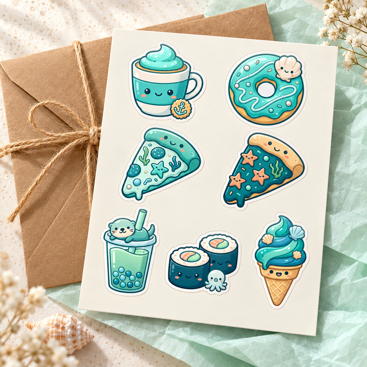 Coastal Snack Labels sticker sheet styled with gift stationery