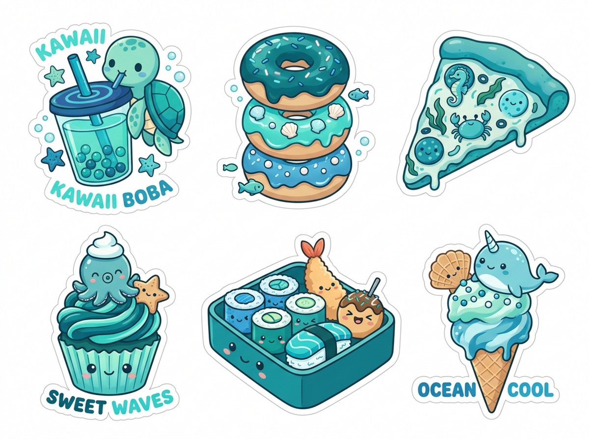 Kawaii Boba Words original teal food and drink sticker artwork