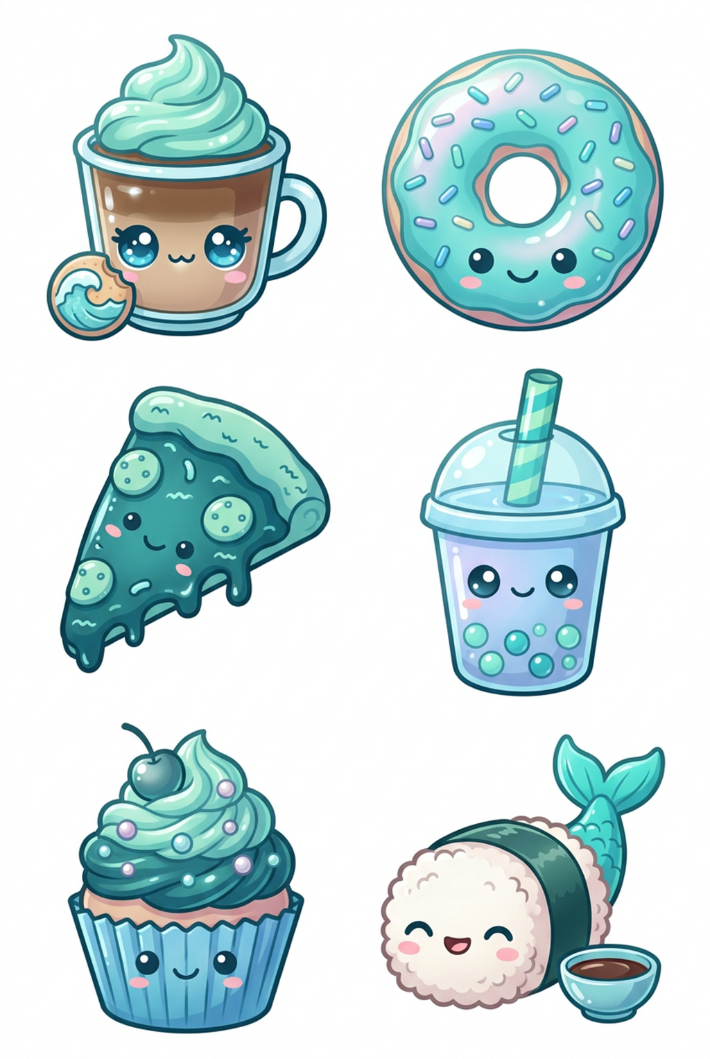Ocean Kawaii Treats original teal food and drink sticker artwork