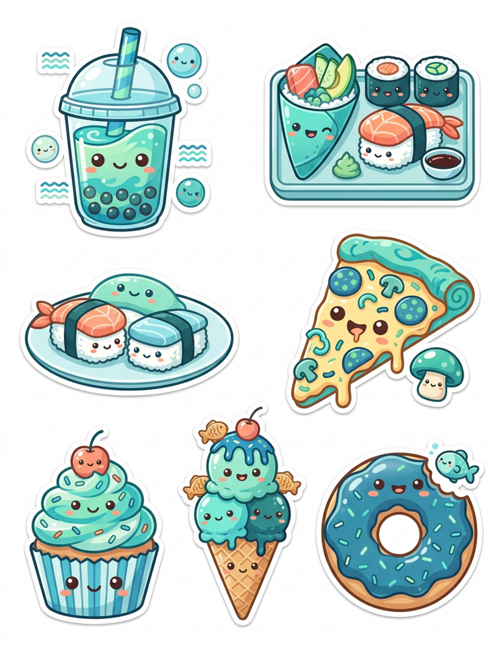 Ocean Snack Party original teal food and drink sticker artwork