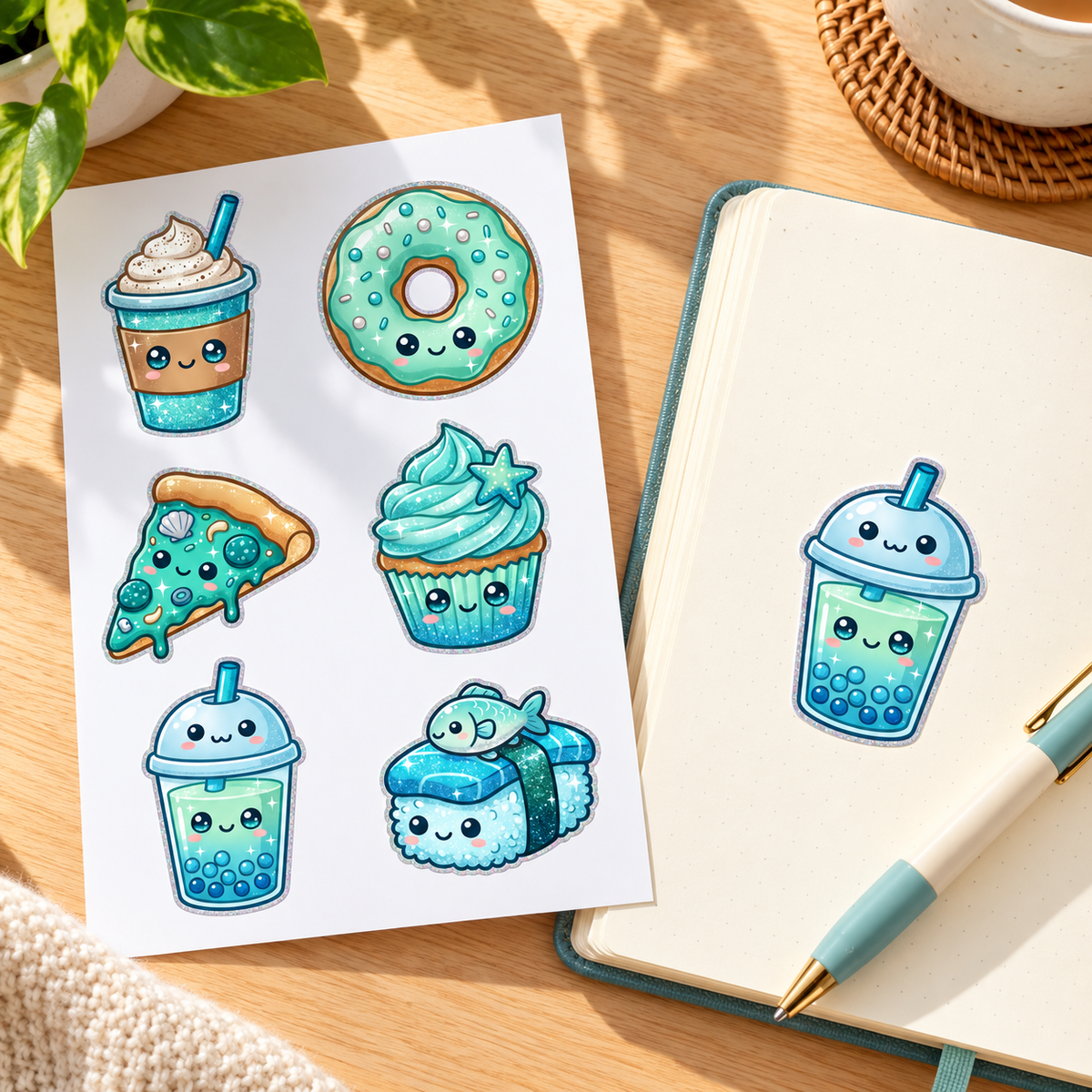 Teal food sticker sheet beside an open planner