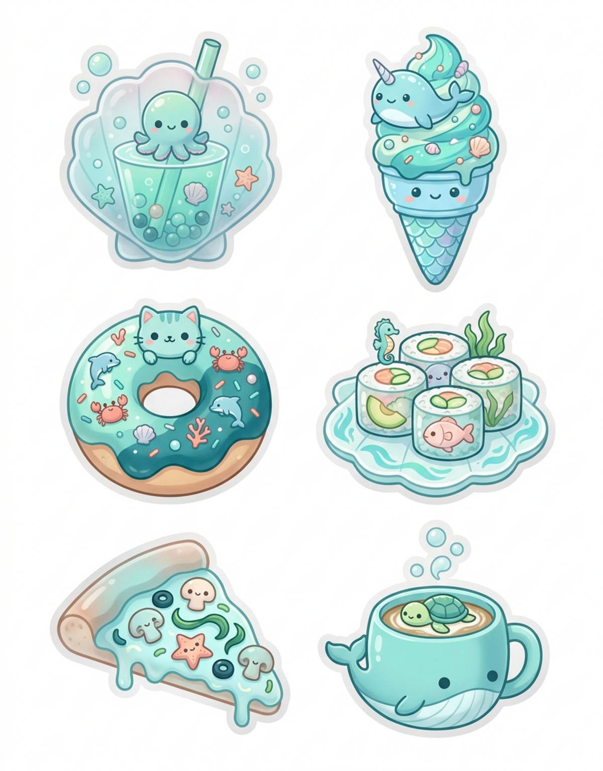 Sea Glass Treats original teal food and drink sticker artwork