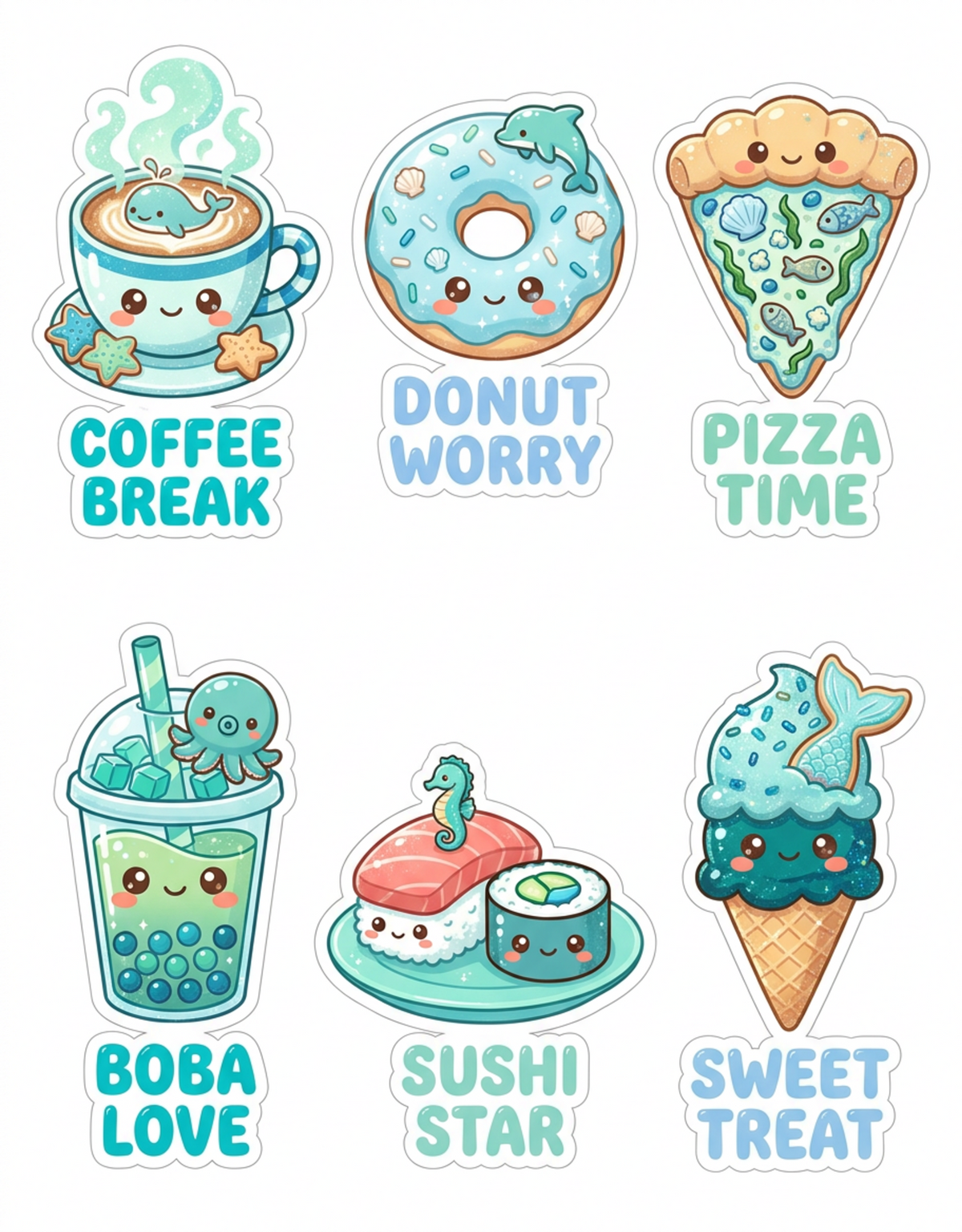 Snack Time Phrases original teal food and drink sticker artwork