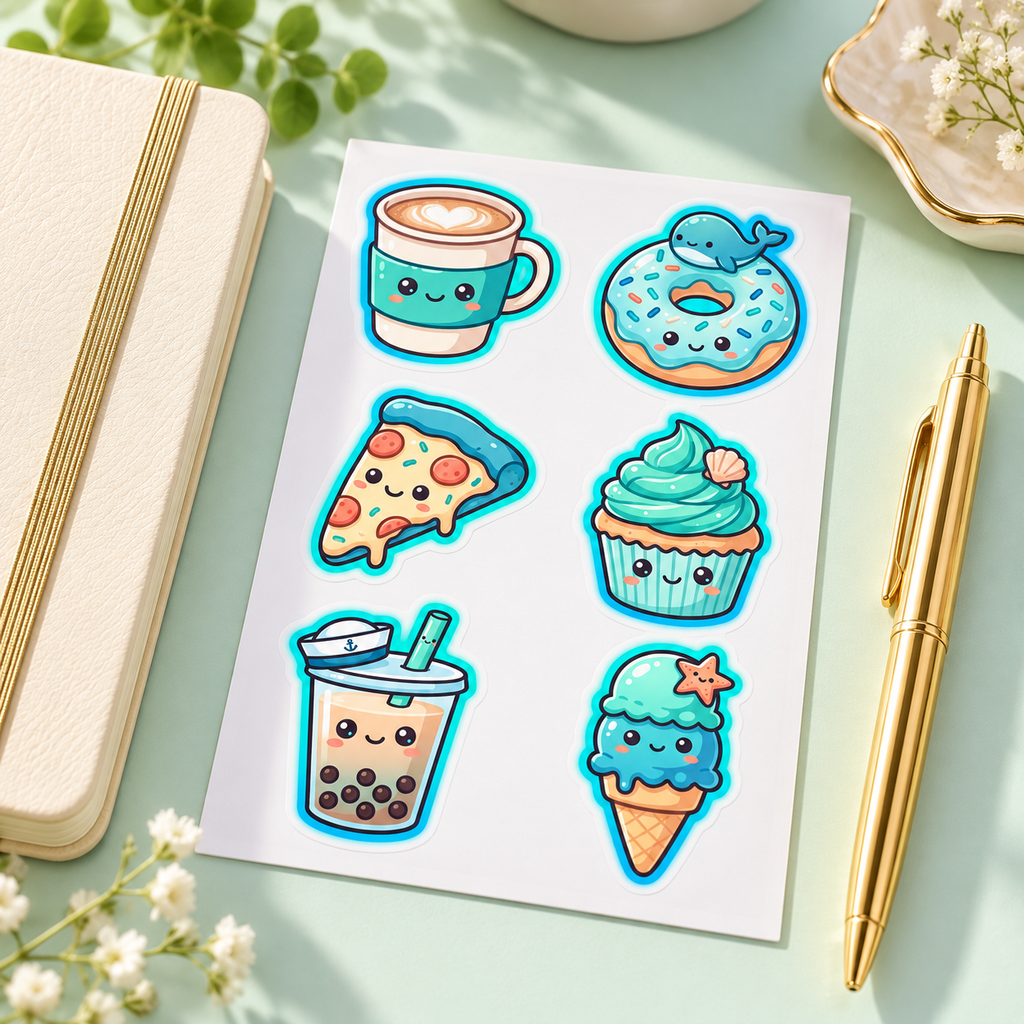 Whale Donut Treats teal sticker sheet styled beside a notebook and gold pen