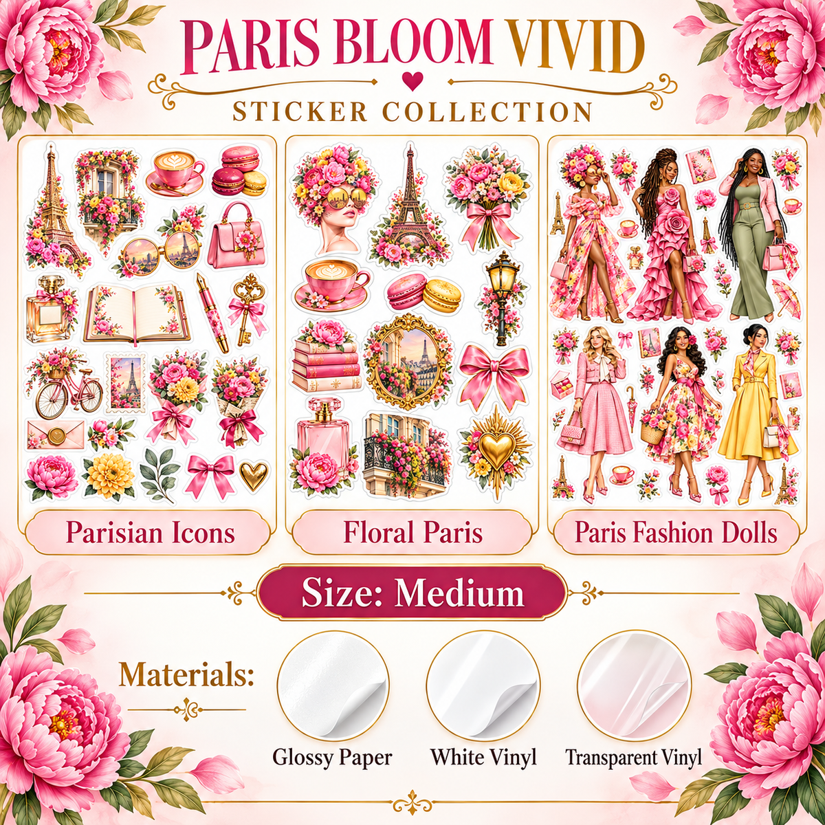 Paris Bloom Vivid medium sticker designs and Glossy Paper, White Vinyl and Transparent Vinyl material options