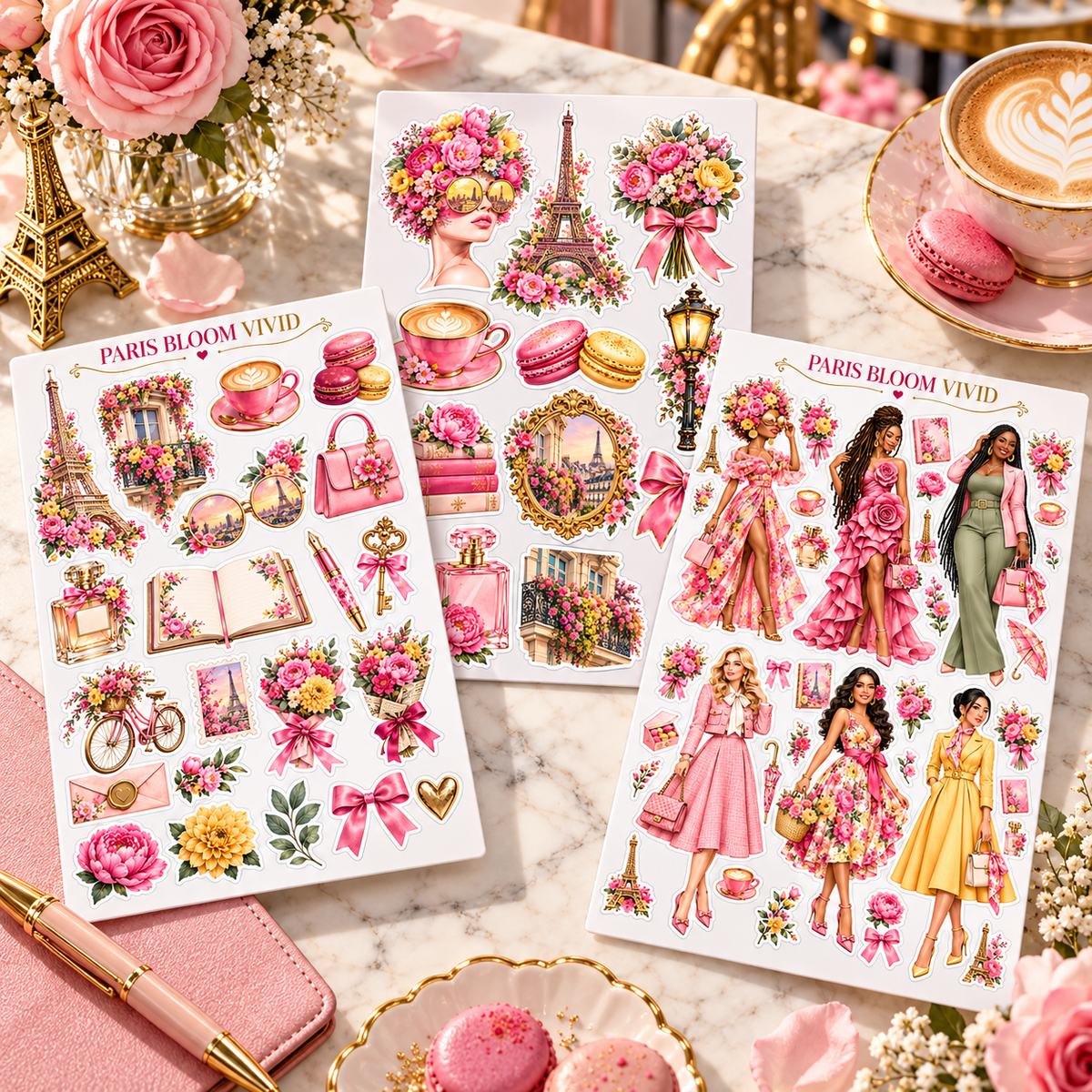 Paris Bloom Vivid sticker collection with three pink floral Paris sticker sheets on a luxury stationery desk