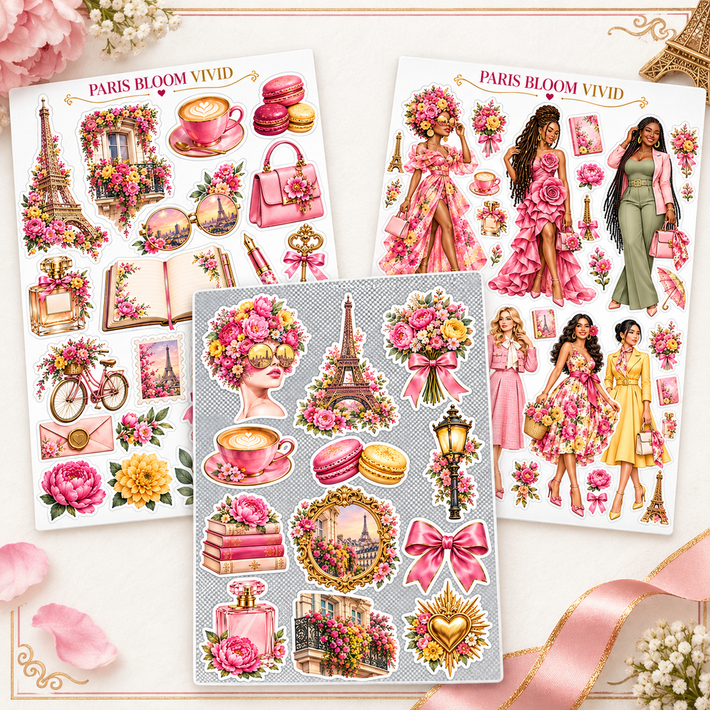 Close-up of three Paris Bloom Vivid floral Paris sticker sheet designs