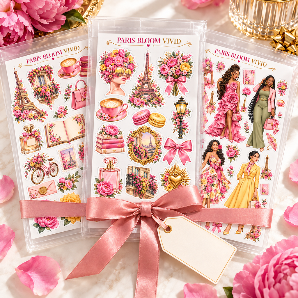 Gift-ready Paris Bloom Vivid sticker sheets in presentation sleeves with a blush ribbon