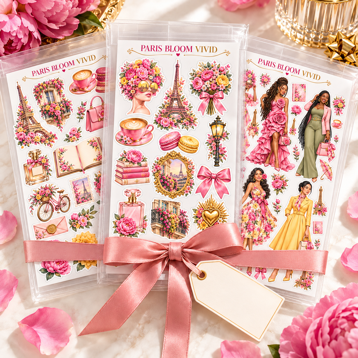 Gift-ready Paris Bloom Vivid sticker sheets in presentation sleeves with a blush ribbon