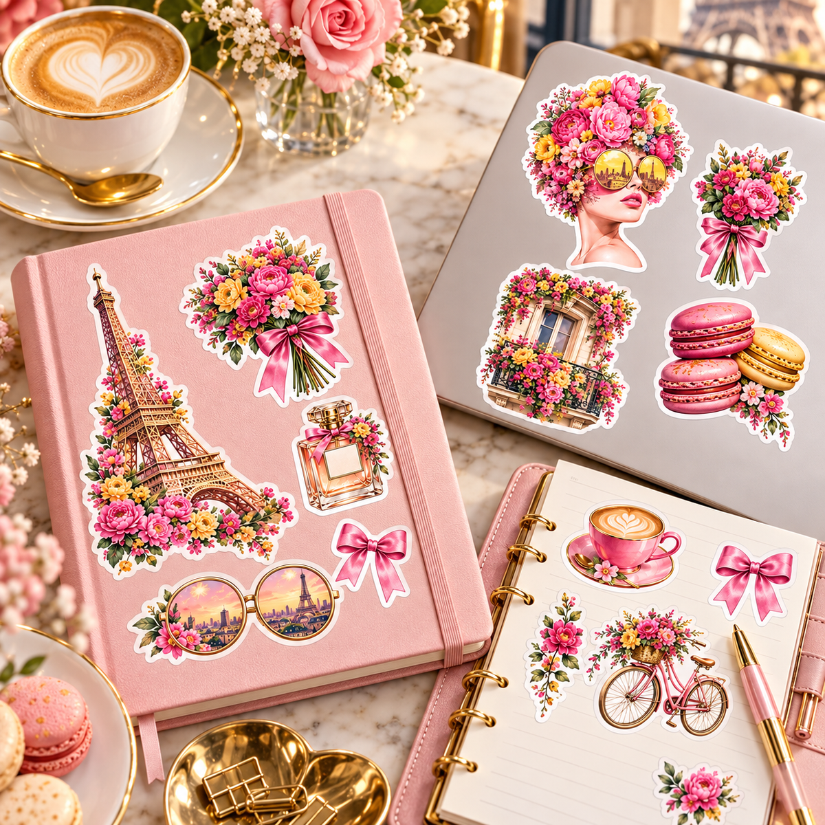 Pink and gold Paris Bloom Vivid stickers decorating a journal, planner and laptop