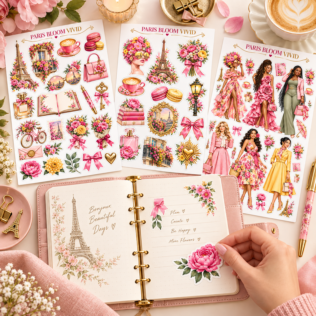 Paris Bloom Vivid sticker sheets beside a blush planner with a floral sticker being selected